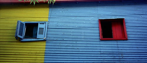 Buenos Aires, La Boca colorful windows on corrugated wall