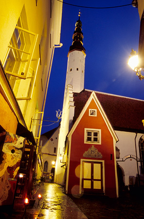 A rainy Tallinn street at dusk
