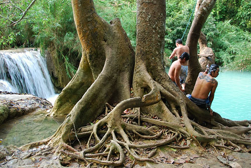 Boys by waterfall