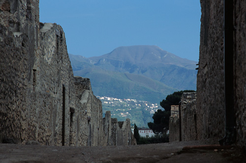 Pompeii street leading to Vesuvius