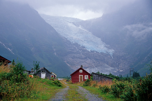 House in front of Jostedalsbreen Glacier