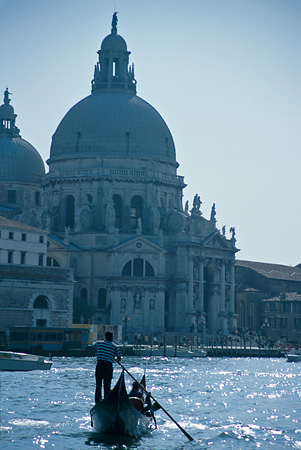 Gondola in front of Campo Della Salute at dusk